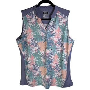 Waggle Golf Sleeveless Polo Top 2XL Purple Tropical Flamingo Palm Print V-Neck